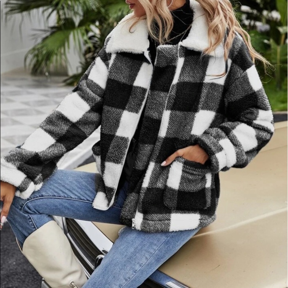 Black white Plaid Teddy jacket
